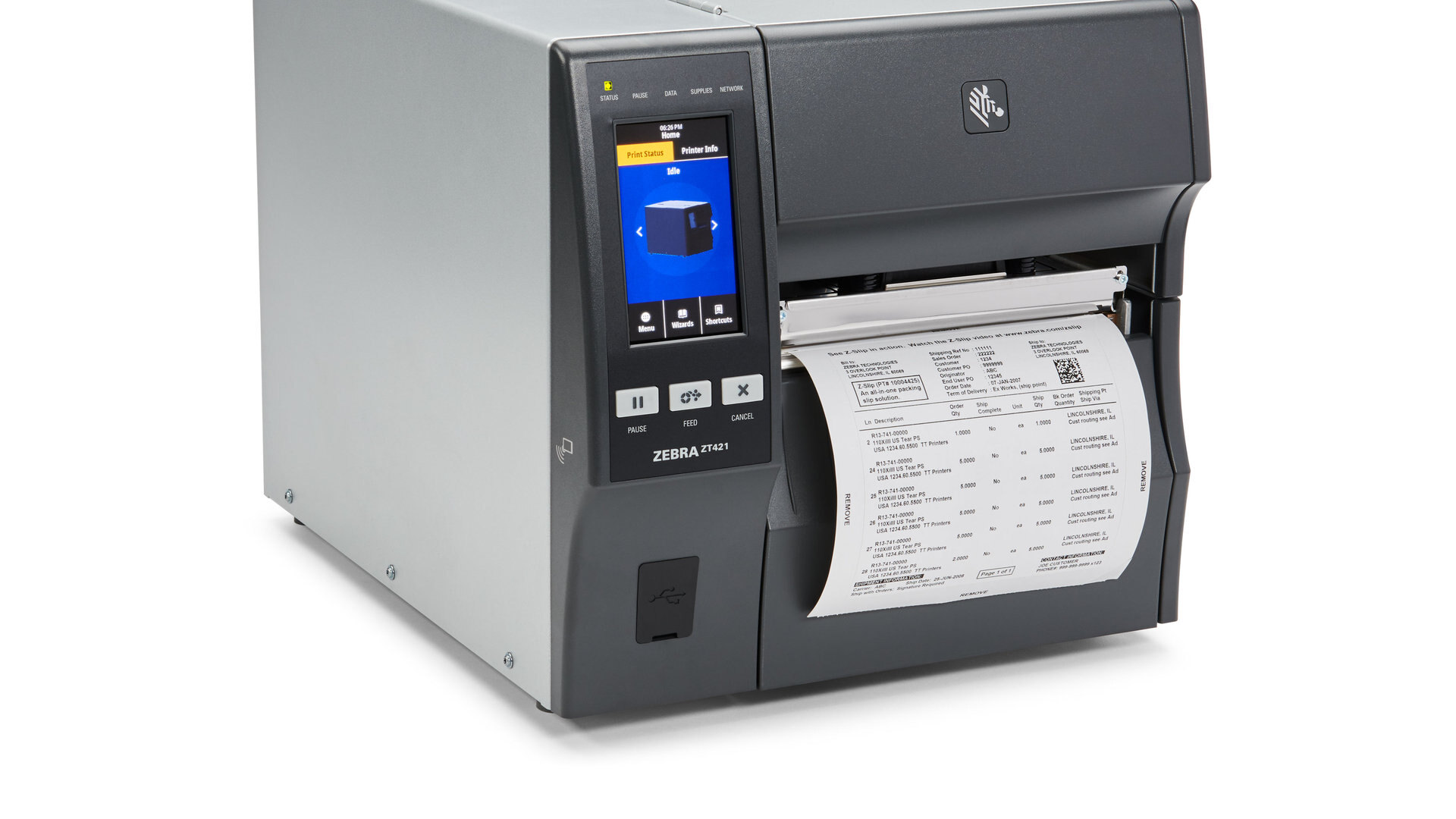 Zebra ZT421 industrial printer printing a barcode label