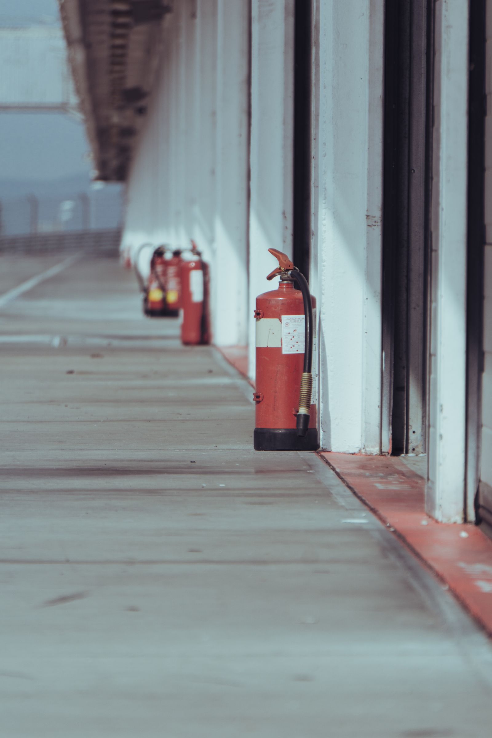 Fire extinguishers lined up for servicing